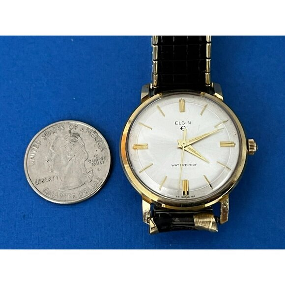 Vintage 1960s Mens Elgin Silver & Gold tone Pie Pan Dial Watch in box - Picture 11 of 16